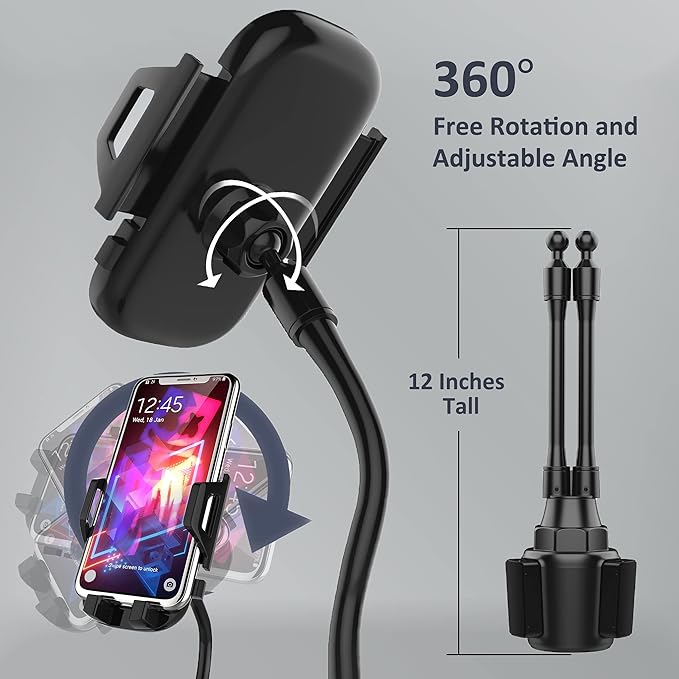 Dual Phone Holder for Car Cup Holder – Long Flexible Neck, 360° Rotatable Car Phone Mount - Adjustable Cell Cup Holder, Universal Size Fits 2 iPhone, Samsung, GPS and More (Cradle)
