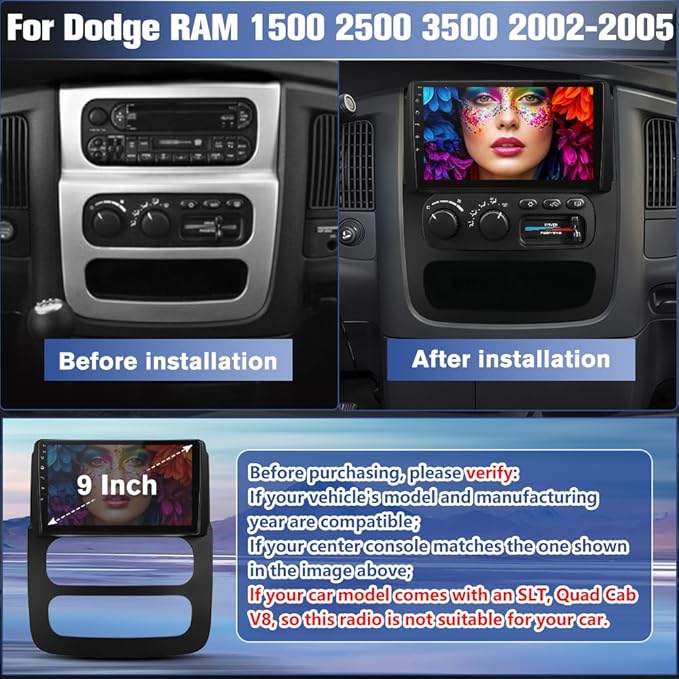 Car Radio Stereo Upgrade for Dodge RAM 1500/2500/3500 2002-2005, Android Head Unit with 9 Inch Touch Screen/Backup Camera/Wireless CarPlay & Android Auto/Mirroring/Wi-Fi/Bluetooth/SWC