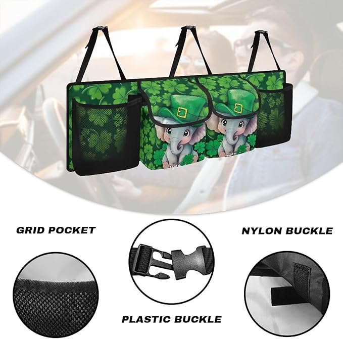Cute Elephants Trunk Organizer St. Patrick Day Green Leaves Car Back Seat Organizer,4 Compartments,Backseat Hanging Organizer for Women Men
