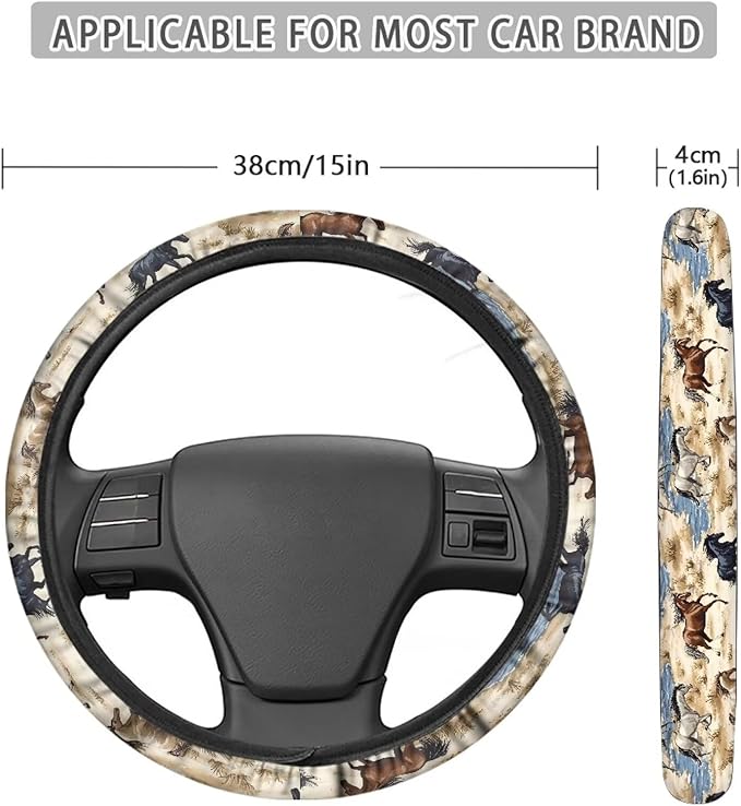 AFPANQZ Car Steering Wheel Covers White Sweat Absorption Comfort Grip, Horse Painting Universal 14-15 inch Stretch-on Fabric Keep Warm Steering Wheel Protector for Women
