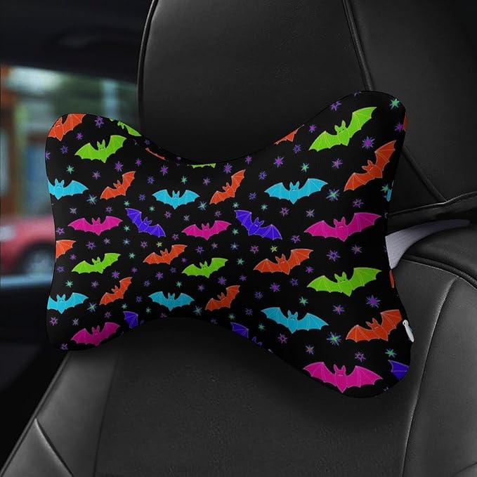 Car Neck Support Pillow 2 Pcs for Neck Pain Relief, Compatible with Halloween Cool Bats Bone Shape Headrest Pillow for Car Seat with Soft Memory Foam