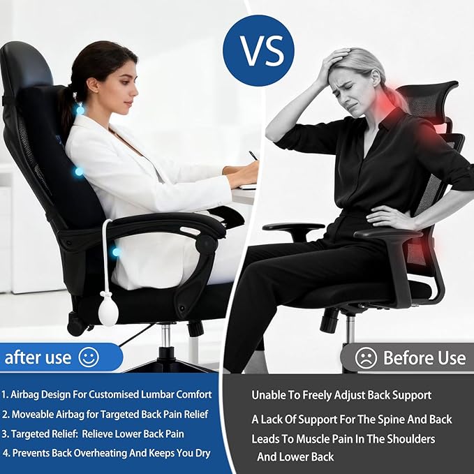 Adjustable Airbag Lumbar Support Pillow with Cooling Gel - Customizable Support for Upper Lower Back Pain Relief, Improves Posture, Memory Foam Back Cushion for Office Chair, Car/Truck Seat, Couch