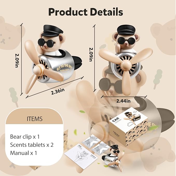 Bear Pilot Car Fresheners Vent Clip Cute Teddy New Car Scent Automotive Air Fresheners Cartoon Air Outlet Aromatherapy Ornament Thank You Gifts for Him Her Friends, Families