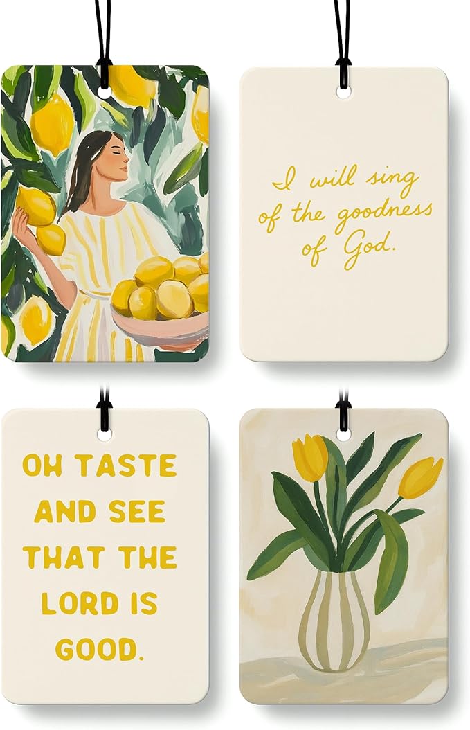 Yellow Lemon Tulip Floral Christian Cologne Car Air Freshener 4 Pcs, Trendy Yellow Religious Hanging Air Freshener for Cars Bathroom Dorm Books Decor, Christian Accessories Gifts for Women Girls