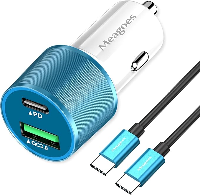 67.5W Blue Car Charger USB C Super Fast Charging, 45W USBC&QC3.0 Port Plug for iPhone 17 Pro Max/Air/16/15/iPad, Samsung S26 Android Cell Phone, Dual 12V Cigarette Lighter Adapter+ 3.3ft Type C Cable