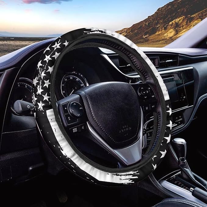 SEANATIVE American Flag Print Universal Steering Wheel Cover, Silicone Steering Wheel Cover, Easy to Disassemble, Non-Slip Soft Steering Wheel Cover