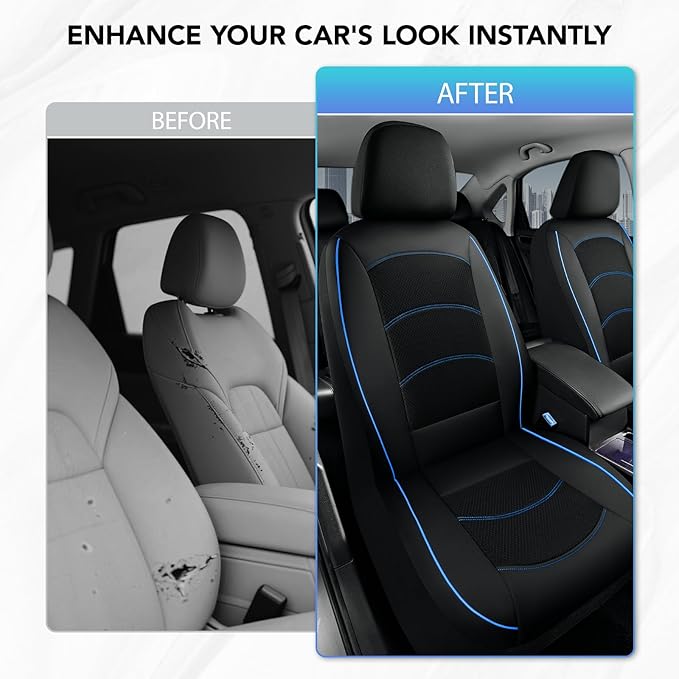 Road Comforts Car Seat Covers, Leather Front Seat Covers with Piping, Air-Cool Mesh Designed, Airbag Compatible Automotive Seat Covers for Most Car, Truck, Van, SUV - Black with Blue Piping