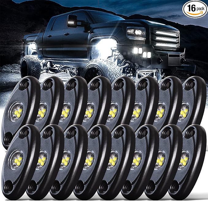 LEDMIRCY R1 LED White Rock Lights 16PCS for Off Road Truck RZR ATV SUV Auto Car Boat Underglow Trail Rig Lights Underbody Neon Light High Power Waterproof Shockproof(16PCS,White)