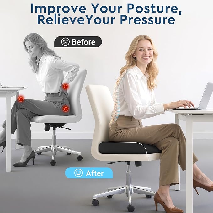 Seat Cushion, Memory Foam Office Chair Cushions for Long Sitting Hours, Chair Pad for Sciatica, Coccyx, Tailbone, Hip Pain & Pressure Relief, Office, Home, Car Seats, Airplane, Black/Large