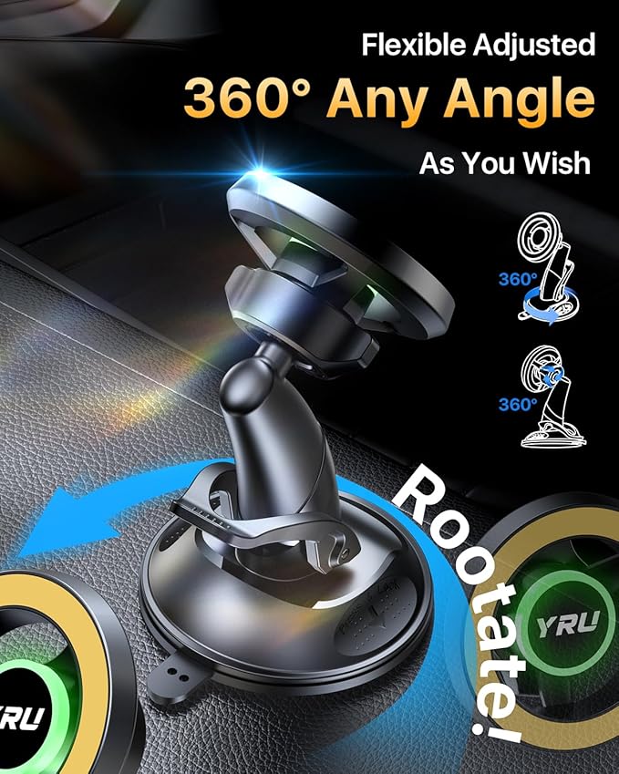 YRU [Truely Upgrade & Patent] Car Phone Holder for Magsafe [98+LBS Strongest Suction & Enhanced Magnetic] Dashboard Car Mount Windshield Vent Phone Stand for iPhone 17/16/15/14/13/12 Pro Max (Golden)
