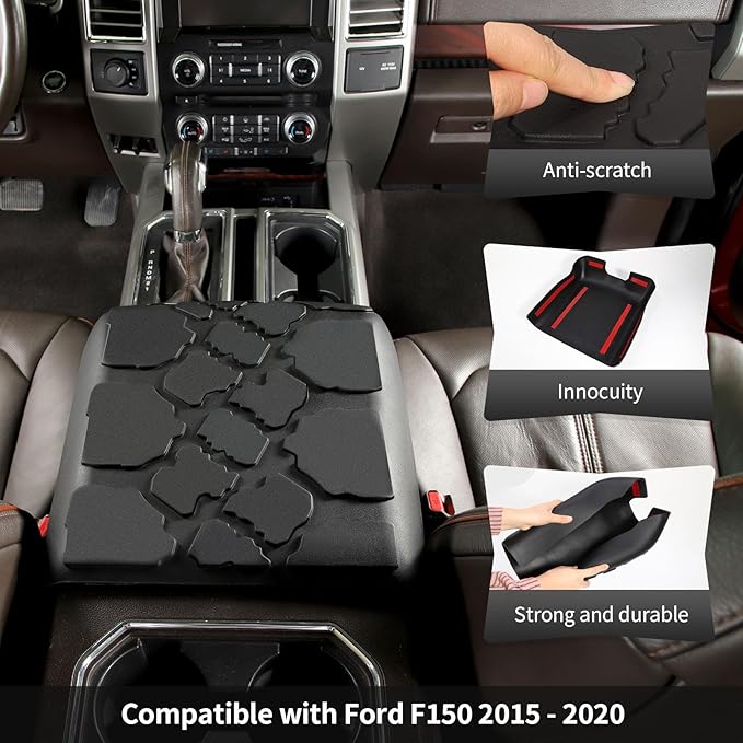 CheroCar Center Console Armrest Cover Compatible with 2015-2020 Ford F150 Rubber Cushion Middle Console Protective Cover Waterproof Arm Rest Box Pad Lid Cushion Interior Accessories
