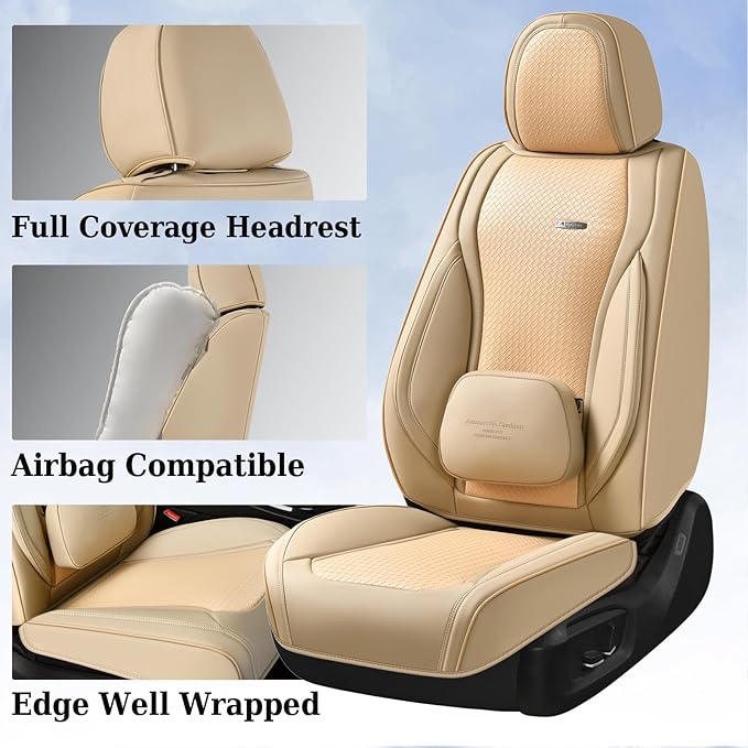 Coverado Seat Covers, Car Seat Covers Front Seats, Waterproof Nappa Leather Auto Seat Cover with Lumbar Head Pillow, Beige Seat Covers Carseat Cover Universal Fit for Most Cars