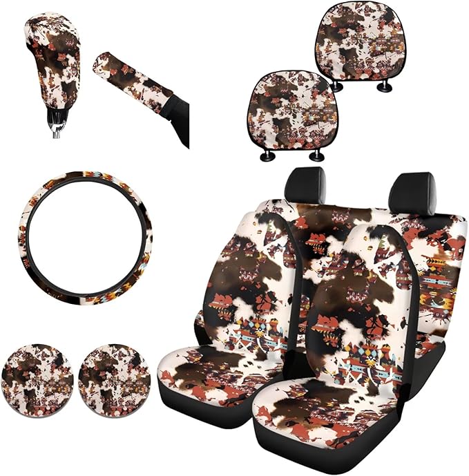FKELYI Cow Aztec Car Seat Cover Set - Full Set with Handbrake, Gear Shifter, Steering Wheel, Seat Cushions, Headrest Covers and Cup Coasters