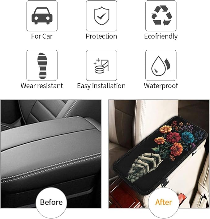 Universal Car Center Console Cushion Pad, Colorful Flowers Skull Hands Soft Waterproof Car Center Console Cover Auto Armrest Seat Box Cover Protector for Most Vehicle SUV Truck Car