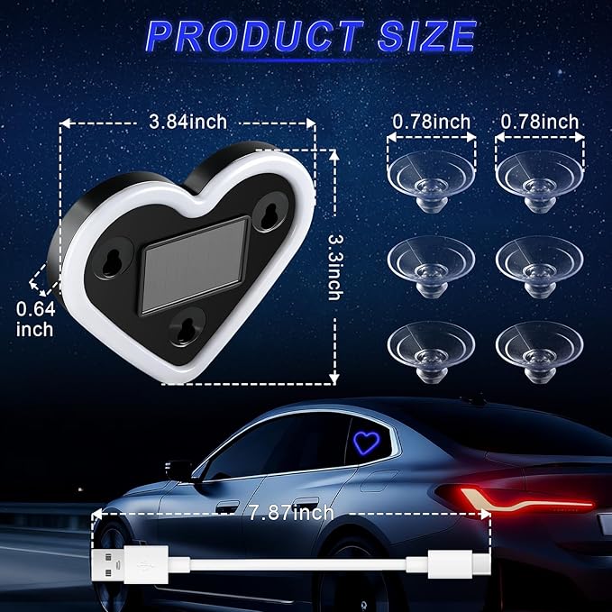 iFunyLED Car LED Interior Lights, Heart-Shaped Ambient Light for Windows, 5 Lighting Modes, Charging Through Type-c and Solar Energy, Car Decorations for Women Men, Pack of 2, (Blue)