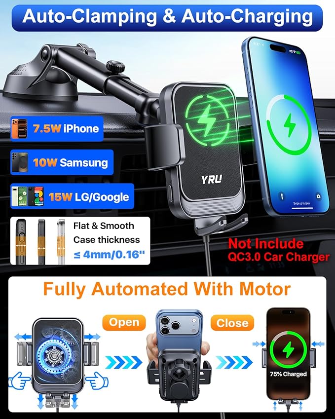 YRU [True Military-Grade] Wireless Car Charger Mount, 15W Charging Auto Clamping Car Phone Holder [98+LBS Strong] Dashboard Windshield Vent Cellphone Holder for iPhone 17 16 15 Pro Max Samsung, Black