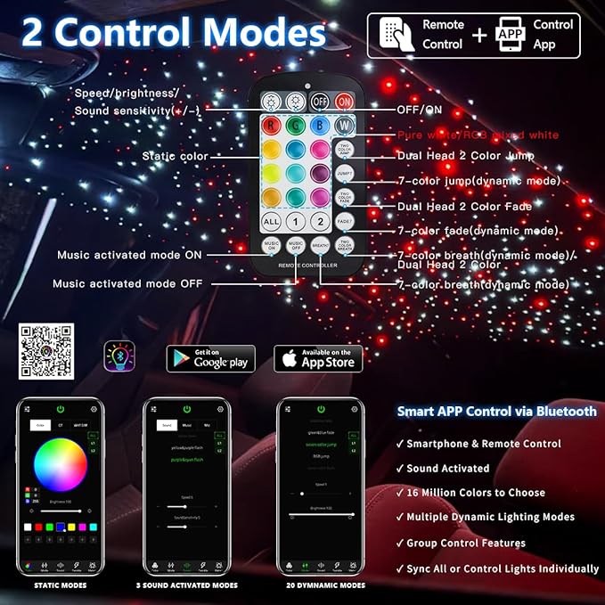 32W Small Size Fiber Optic Lights Kit, Music Activated 800 Strands*0.03in(9.8ft/3m) Optical Fiber APP+RGBW Star Ceiling Light Kit for Car Headliner Starlight/Home