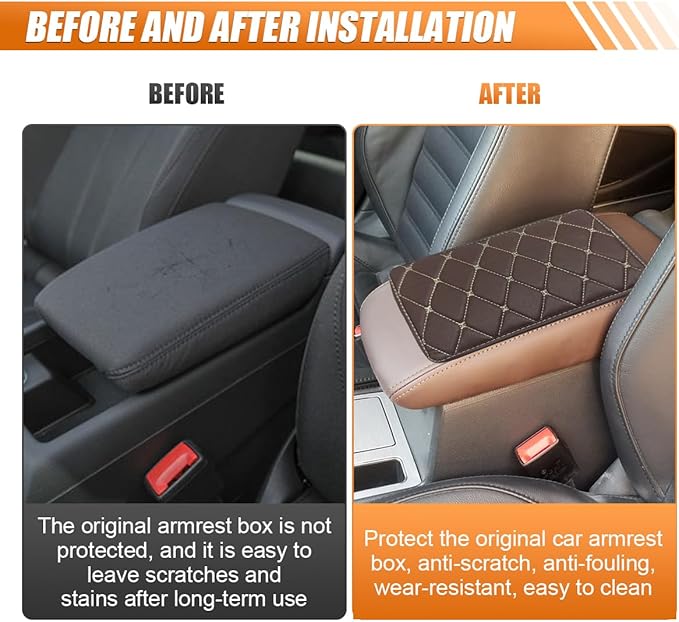 Leather Center Console Cover for Cars, Waterproof Arm Rest Box Protective Cover Car Center Console Cushion Pad, Universal Middle Console Armrest Pad Cover for Most Vehicles (Coffee/Beige)