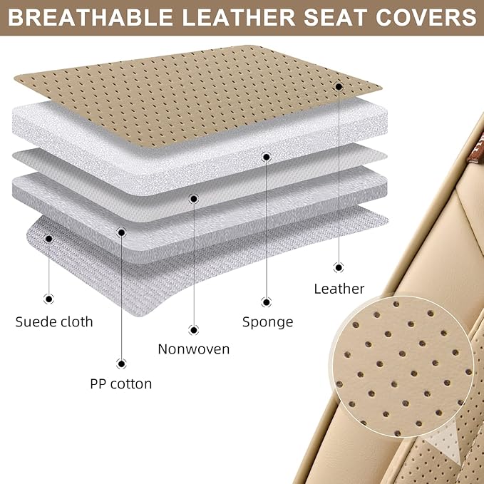Beige Car Seat Covers Front Pair, Breathable Leather Automotive Front Seat Covers & Headrest for Comfortable Driving, Compatible with Most Cars Sedans SUV Pickup Trucks