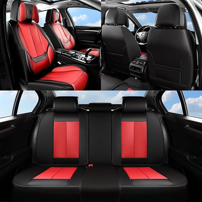 Coverado Seat Covers, Car Seat Covers Front Seats, Car Seat Cover, Car Seat Protector Waterproof, Seat Cushion Nappa Leather with Head Pillow, Carseat Cover Universal Fit for Most Cars (Black&Red)