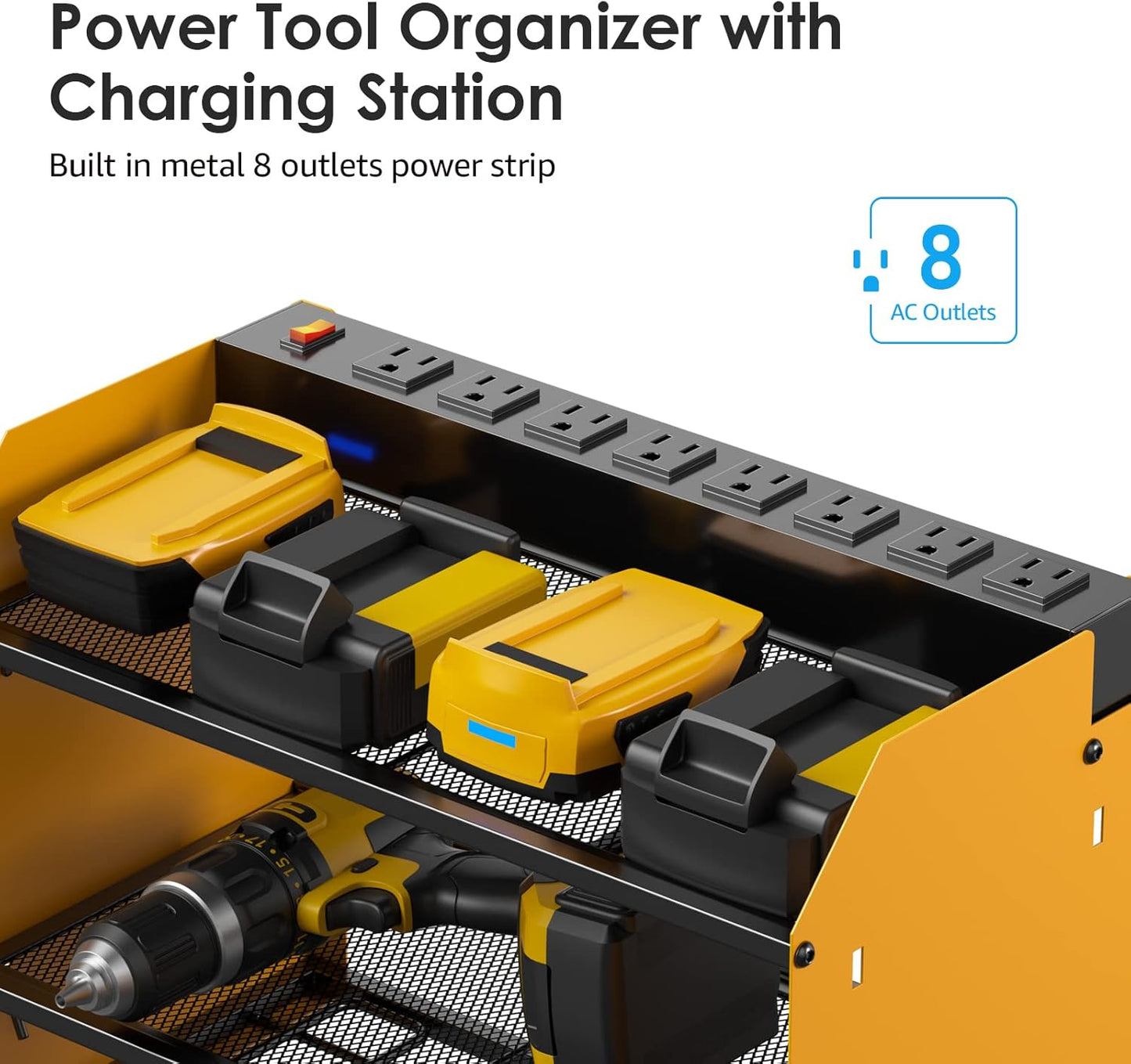 CCCEI Modular Power Tool Organizer Wall Mount Charging Station, Yellow 6 Drills Holder with 8 Plug Power Strip, Garage Drill Battery Heavy Duty Metal Shelf, Utility Rack with Hooks, Side Storage.