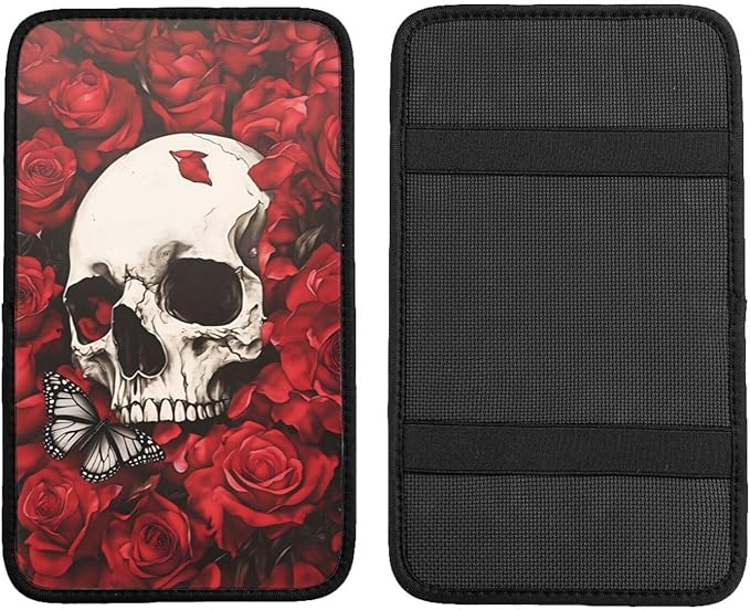 Universal Car Center Console Cushion Pad, Red Rose Skull Butterfly Soft Waterproof Car Center Console Cover Auto Armrest Seat Box Cover Protector for Most Vehicle SUV Truck Car