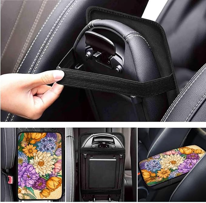 Yellow Chrysanthemum Print Car Steering Wheel Cover Sets Cup Holder Handbrake Gear Cover Armrest Cover Car Interior Accessories -6pcs