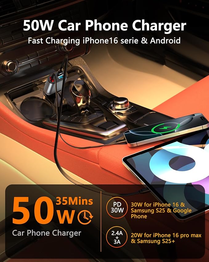 Retractable Car Charger, 3 in 1 Fast Car Phone Charger 50W, 1 TypeC Retractable Cables and USB Port,USB C Car Charger Compatible with iPhone 17/17 Pro Max/16/15/14/13/12/11,for Galaxy S25,Pixel 10