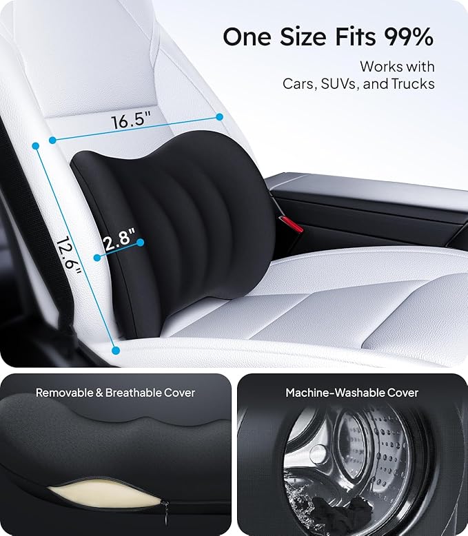 Wigoo 2026 Lumbar Support Pillow for Car [Ergonomic Design, Pressure Relief] Back Cushion for Driving Seat, Back Support Pillow for Car-Office Chair, Fits All Vehicles (Black 1-Pack)