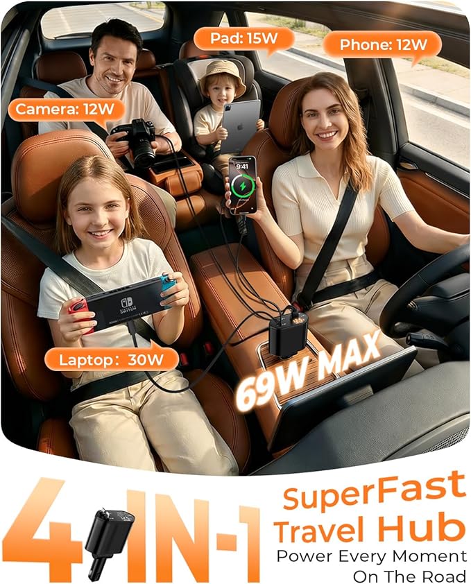 2026 MimAuto 4 in 1 Retractable Car Charger, Car Charger USB C Fast Charger, Car Phone Charger for iPhone 17/16/15/14/13, Samsungs, Tablets, Dash cams. Black Car Accessories for Men Women