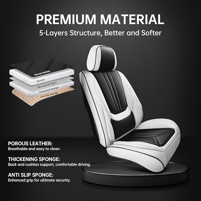 Car Seat Covers, Premium Leather Car Seat Covers, Waterproof and Breathable Seat Covers, Universal Car Seat Protector Fit for Cars, Trucks, SUVs, Pick-ups (Black & White, 2 PCS Front Seat)