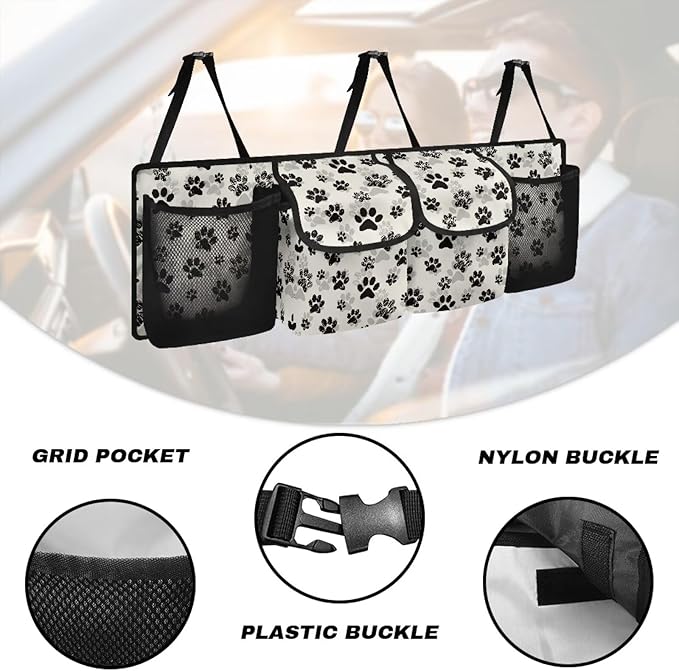 Dog Paw Car Trunk Organizer, Backseat Storage Bag with 4 Pockets, Adjustable Large Capacity Hanging Collapsible Bag for Most Vehicles, Universal Car Accessories