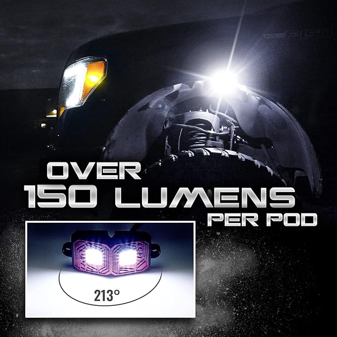 OPT7 Photon Pure White LED Magnetic Rock Lights - 8 Pods w/Mahnet Mounts - Wide Angle Underglow Lighting Kit, IP68 Waterproof for Offroad Jeep RZR ATV UTV SUV - Truck Decorations
