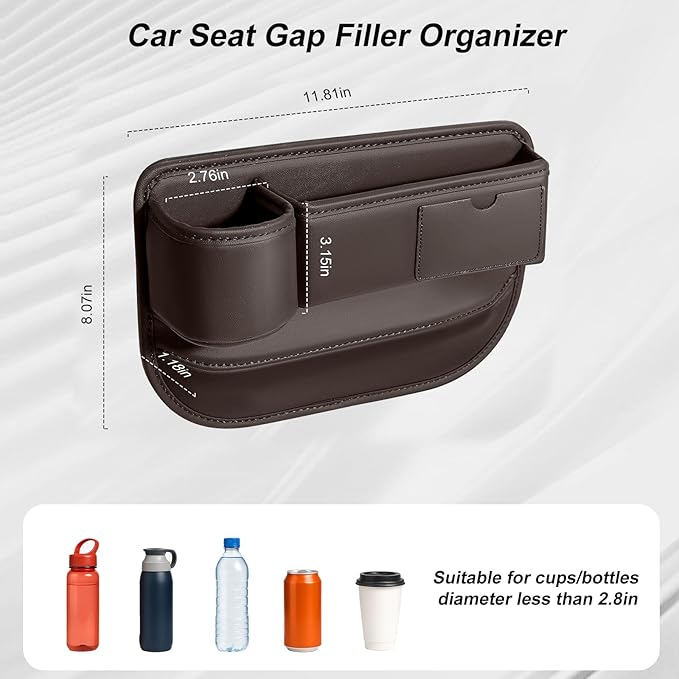 Car Seat Gap Filler Organizer with Cup Holder, Universal Fit Soft Leather Car Box Storage, Automotive Car Accessories Necessities for Phones Keys Sunglasses Cards (1 Pack brown)