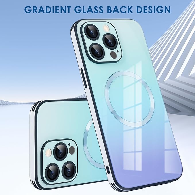Guppy Compatible with iPhone 15 Pro Max Case Magnetic, with Full Camera Lens Protector [Compatible with MagSafe] Scratch Resistant Gradient Glass Back Cover Phone Case-Blue