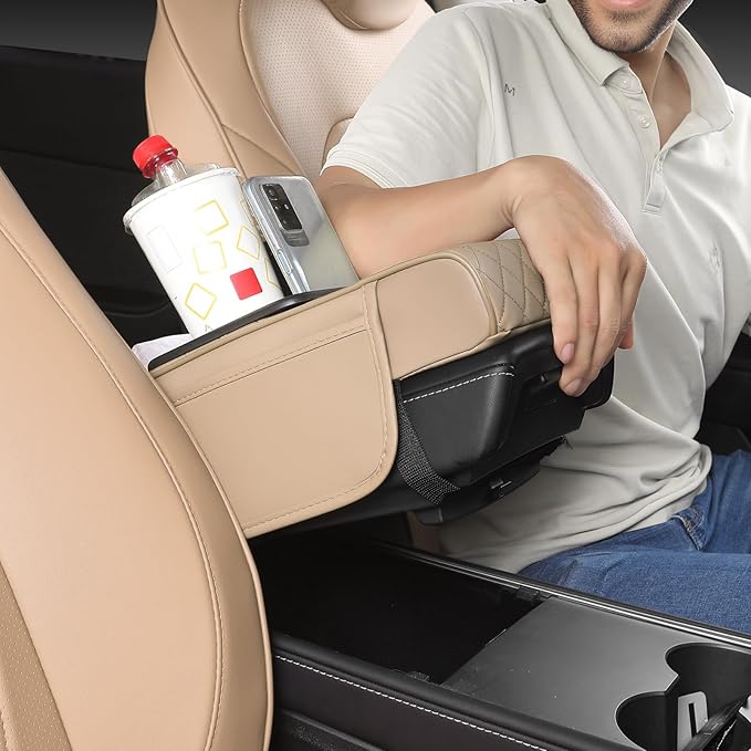 FREESOO Car Center Console Cover, Leather Armrest Cover for Car, Universal Middle Console Cushion with Storage Box, Cup Holder, Tissue Box & Phone Slot, Luxury Waterproof Interior Accessories, Beige