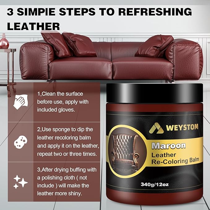 Leather Recoloring Balm, 12oz Large Size Leather Dye, Color Restorer, Scratch Repair, Furniture & Couch Restorer Kit, Repair Kit for Furniture(Maroon)