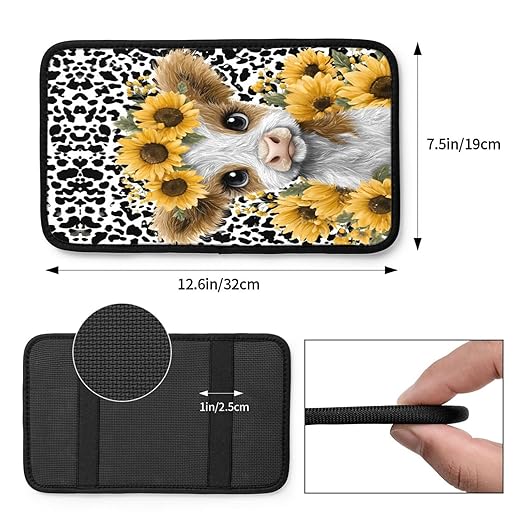 Highland Cow with Sunflowers Car Auto Armrest Cushion Cover Accessories Center Console Seat Box Pad Protector Universal Decoration for Most Vehicle SUV Truck