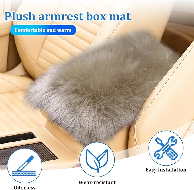 Car Center Console Cover, Fluffy Soft Vehicle Middle Console Arm Rest Cushion Pad, Furry Automotive Interior Armrest Seat Box Protector Decoration Accessories, Universal Fit (Light Camel)