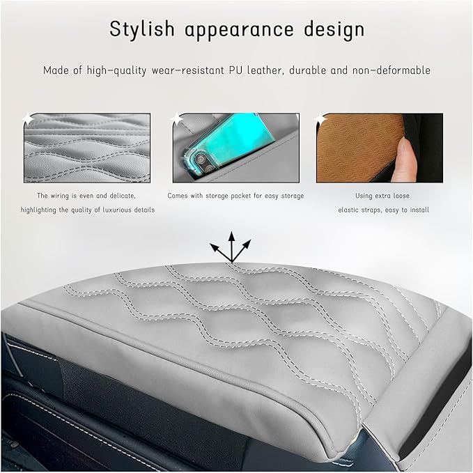 Ziciner Car Center Console Cover, Leather Memory Foam Armrest Cushion Protection Pad, Waterproof Hand Rest Pillow with Height Increase, Universal Accessory for Most Car (Gray)