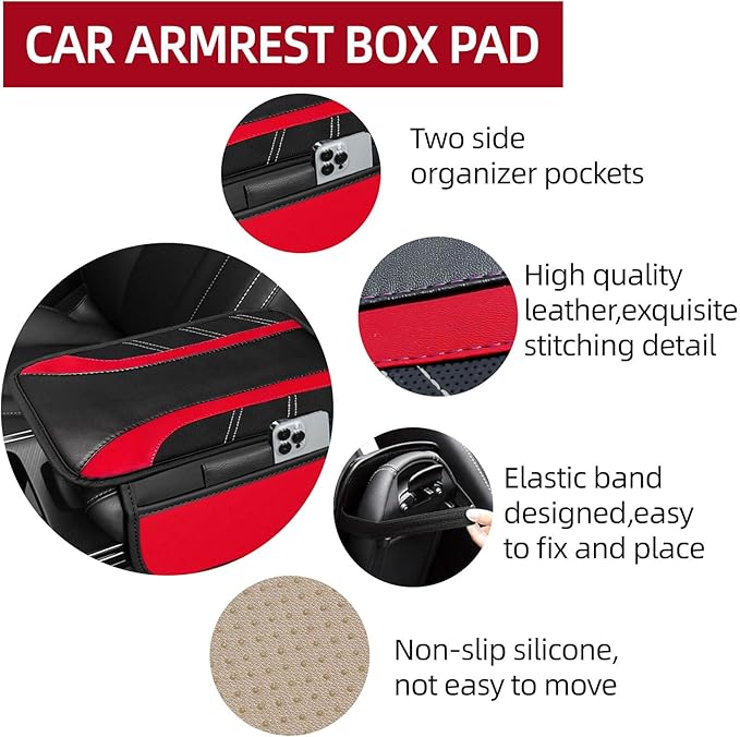 NBTEPEM Red Center Console Cover, Sporty Leather Armrest Cover Cushion with 2 Storage Pockets, Universal Auto Middle Console Protector, Car Interior Accessories for Most SUV, Truck, Sedan Vehicles