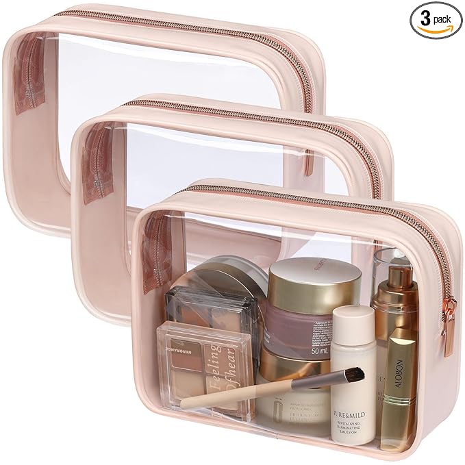 PACKISM TSA Approved Toiletry Bag - Clear Makeup Bag Waterproof Quart Size Bag, Travel Makeup Cosmetic Bag for Women, Carry on Airport Airline Compliant Bag, 3 Pack