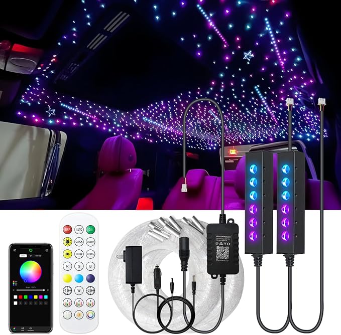 AKEPO Car Home Use MIni Size 6-Hole 3.2W RGB Colorful Fiber Optic Light Kit, 9.8ft 600pcs*0.75mm/0.03in Optical Fiber APP Control Mixed Color Chasing Timer Function Starlight Headliner Light