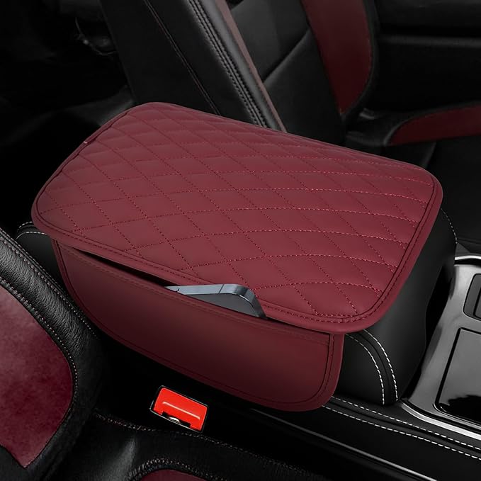 Upgraded Car Center Console Cover,Microfiber Leather Car Armrest Cover Cushion with 2 Storage Bags,Universal Car Armrest Storage Box Car Interior Accessories for Most Vehicles (Wine red)