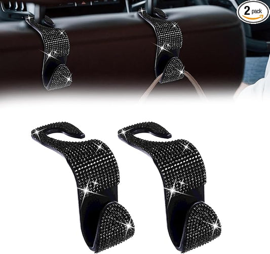 2 Pack Car Seat Headrest Hook, Bling Car Hooks Front Seat, Back Seat Organizer Hanger Storage Hook Car Purse Hook for Bags, Clothes, Coats, Grocery Bags (Black)