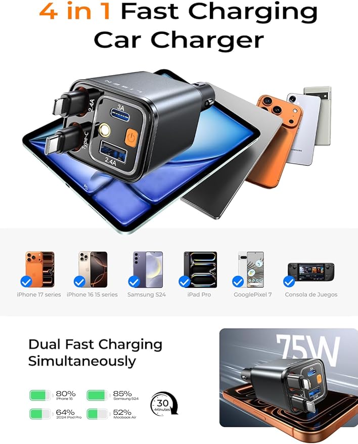 LISEN 4 in 1 Starlight Retractable Car Charger, 75W USB C Cigarette Adapter Fast Charging, Starlight Retractable Car Accessories for Women Mom, for iPhone 17 Pro Max Air 16 15 14 13 12
