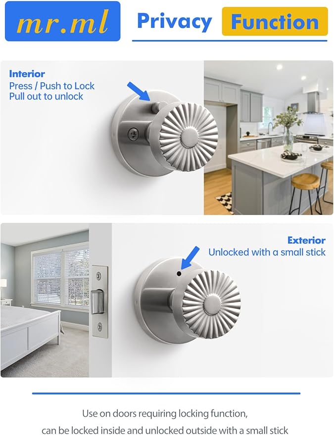 Stainless Steel Privacy Door Knob, Bedroom Bathroom Door Handle Interior Brushed Silver DoorKnob, Stainless Steel Knob, 1 Pack