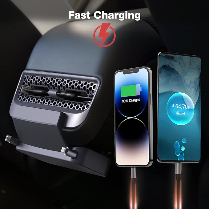 Retractable Cord Car Phone Charger for Tesla Model 3 Model Y 2021 2022 2023 2024, THELIFELICIOUS Interior Accessories Rear Air Outlet Expansion Dock with Fast Charging Cables (8-Pin)