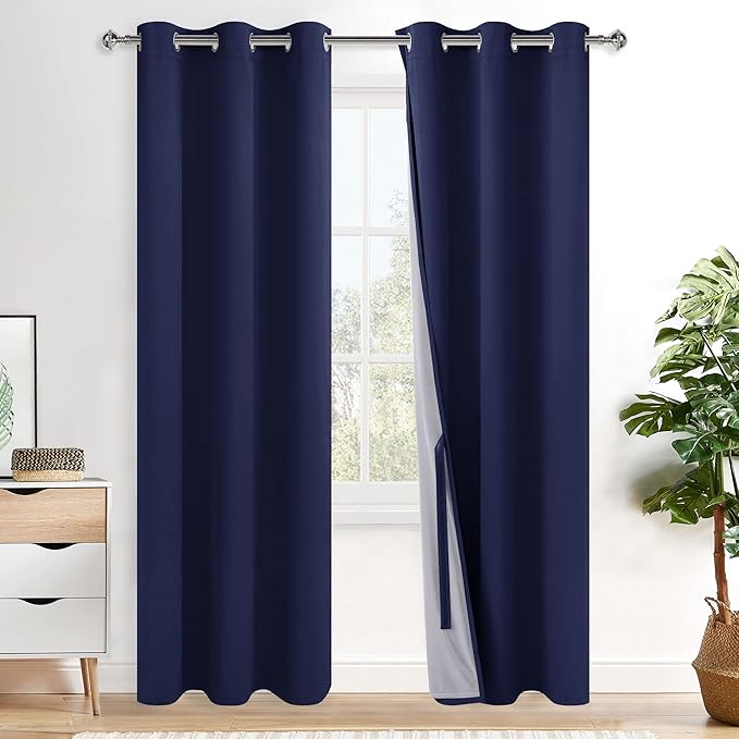 XWZO 100% Blackout Curtains 84 Inches Long with Tiebacks- Narrow Wide Heat Blocking and Soundproof Curtain Panels with Grommets for Short Windows, Navy Blue, W38 x L84, Set of 2