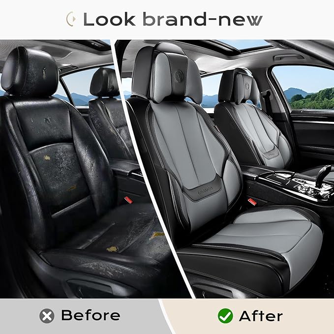 Coverado Seat Covers, Car Seat Covers Front Seats, Car Seat Cover, Car Seat Protector Waterproof, Seat Cushion Nappa Leather with Head Pillow, Carseat Cover Universal Fit for Most Cars (Black&Gray)